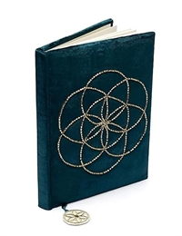 Notesbog i fløjlspetrol med Seed of Life - 20 x 15 cm 