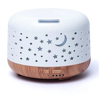 Aroma diffuser Nebula rund hvid og træ med måne og stjerner