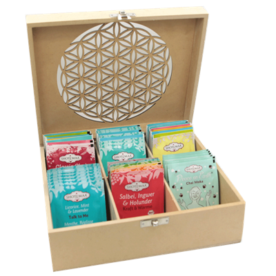 Te æske inddelt i rum til tebreve - Flower of Life tea box