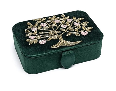 Æske i fløjlsgrøn med Livets Træ og hjerter 11 x 15,5 x 5 cm