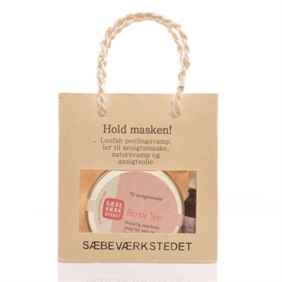 Gavepose til ansigtet med rosa ler , ansigtsolie , natursvamp , peeling pad